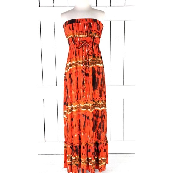 Sele orange brown boho tie dye water color strapless slinky ruffle maxi dress - Picture 5 of 5